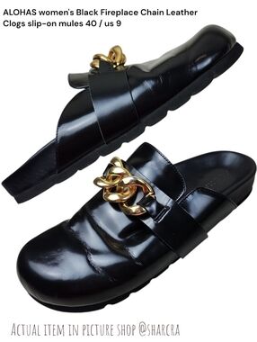 ALOHAS women's Black Fireplace Chain Gold Leather Clogs slip-on mules Shoes 40 9